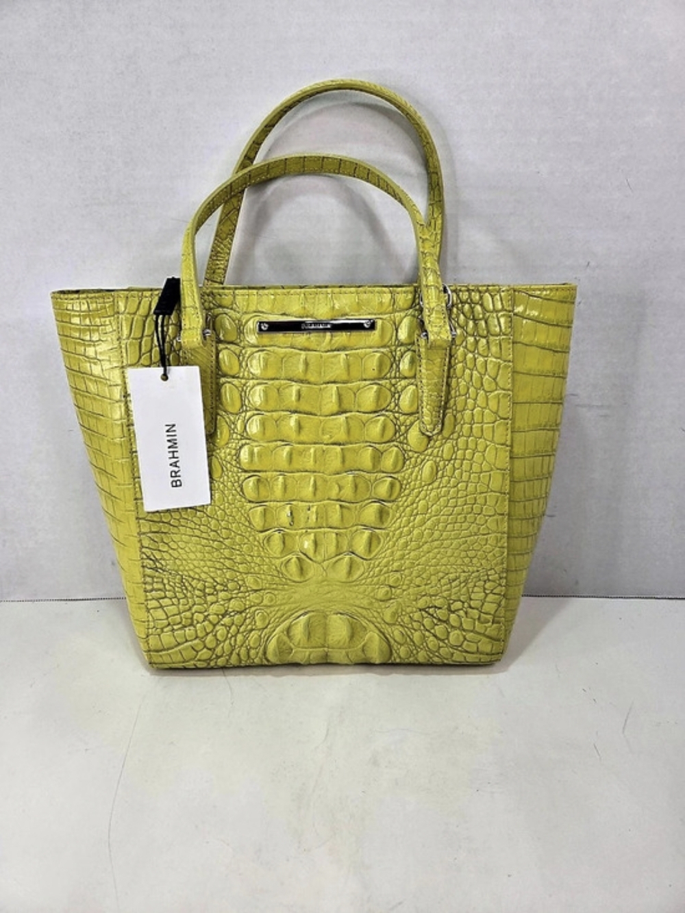 Brahmin Yellow Croc Embossed Zip Satchel Top Handle Bag Silver Hardware